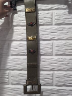 Vtg 80s Avignon Olive Green Wide Leather Belt Ornate Brass Buckle Boho Western